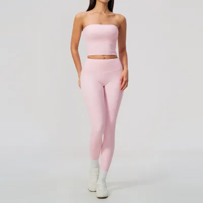 Women Fashion Casual Solid Color Tube Top Tight High Elastic Breathable Leggings Yoga Sports Two-Piece Set
