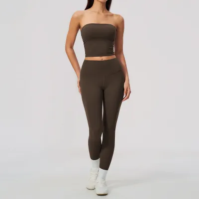 Women Fashion Casual Solid Color Tube Top Tight High Elastic Breathable Leggings Yoga Sports Two-Piece Set