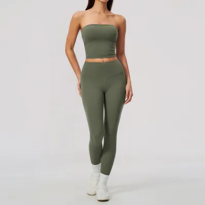 Women Fashion Casual Solid Color Tube Top Tight High Elastic Breathable Leggings Yoga Sports Two-Piece Set