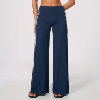 Women Fashion Casual Contrast Color Naked High Waist Quick-Drying Wide-Leg Sports Pants