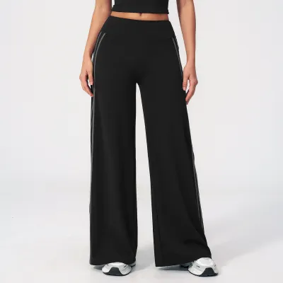 Women Fashion Casual Contrast Color Naked High Waist Quick-Drying Wide-Leg Sports Pants