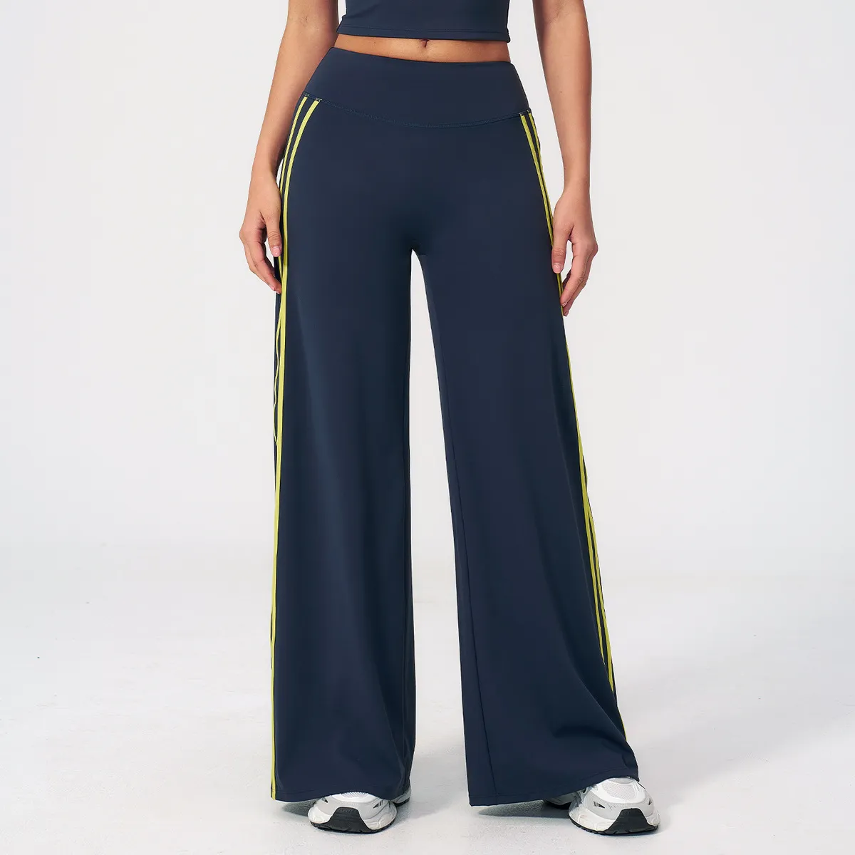 Women Fashion Casual Contrast Color Naked High Waist Quick-Drying Wide-Leg Sports Pants