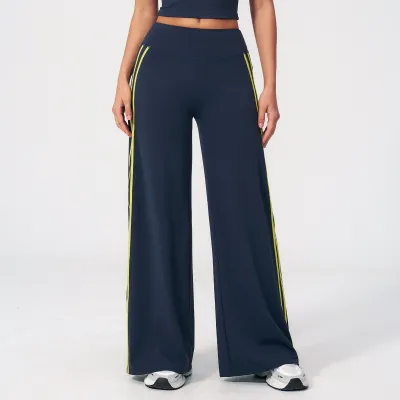 Women Fashion Casual Contrast Color Naked High Waist Quick-Drying Wide-Leg Sports Pants