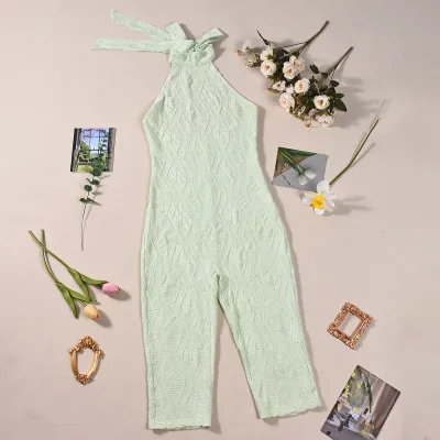 Women Fashion Sexy Solid Color Textured Printed Halter-Neck Lace-Up Backless Tight Jumpsuits