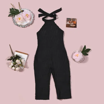 Women Fashion Sexy Solid Color Textured Printed Halter-Neck Lace-Up Backless Tight Jumpsuits