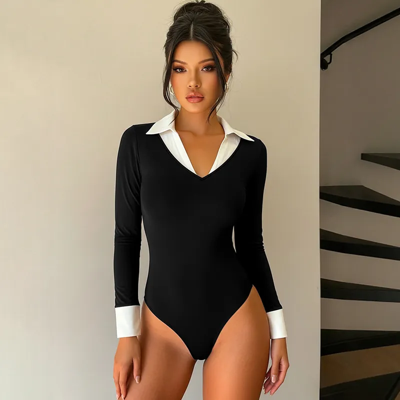 Women Fashion Sexy Black White Contrast Lapel Fake Two-Piece Stitching Long-Sleeve Bodysuits