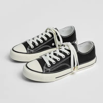 Women Fashion Casual Simple Retro Solid Color Lace-Up Low-Top Flat Canvas Sneakers