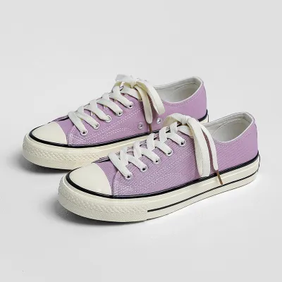 Women Fashion Casual Simple Retro Solid Color Lace-Up Low-Top Flat Canvas Sneakers