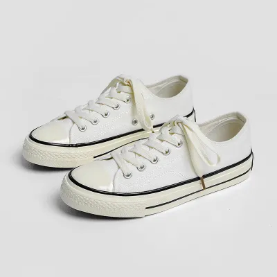 Women Fashion Casual Simple Retro Solid Color Lace-Up Low-Top Flat Canvas Sneakers