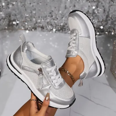 Women'S Fashion Casual Round-Toe Flat Front Lace-Up Sneakers