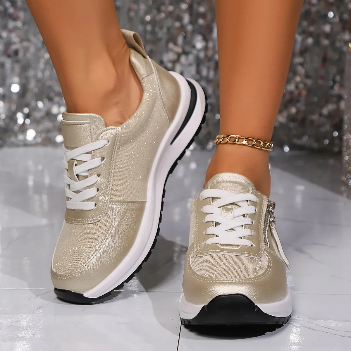 Women'S Fashion Casual Round-Toe Flat Front Lace-Up Sneakers