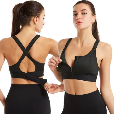 Women Fashion Solid Color Adjustable Front-Zip Shock-Absorbing Yoga Sports Bra