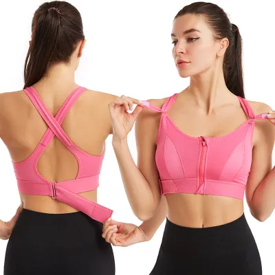 Women Fashion Solid Color Adjustable Front-Zip Shock-Absorbing Yoga Sports Bra