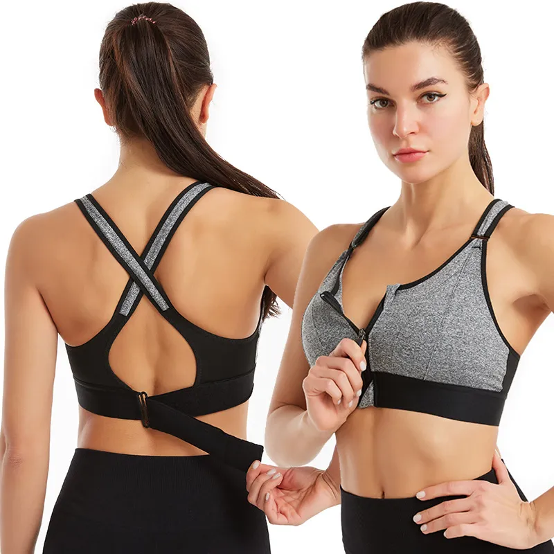 Women Fashion Solid Color Adjustable Front-Zip Shock-Absorbing Yoga Sports Bra