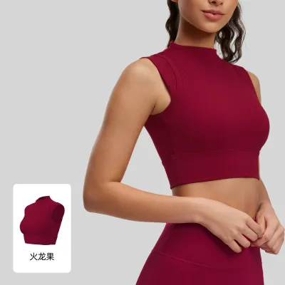 Women Fashion Casual Solid Color High Collar Sleeveless Shockproof Gather Fixed Cup Sports Yoga Bra