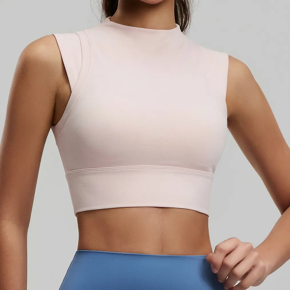 Women Fashion Casual Solid Color High Collar Sleeveless Shockproof Gather Fixed Cup Sports Yoga Bra