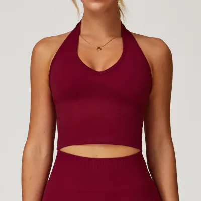 Women Fashion Sexy Solid Color Breathable Seamless Halter-Neck Sports Yoga Bra
