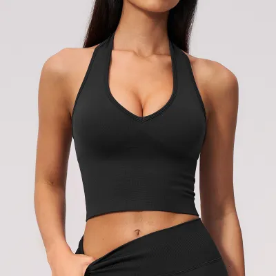 Women Fashion Sexy Solid Color Breathable Seamless Halter-Neck Sports Yoga Bra