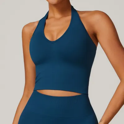Women Fashion Sexy Solid Color Breathable Seamless Halter-Neck Sports Yoga Bra