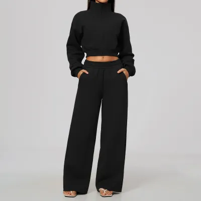 Women Fashion Casual Autumn Velvet Solid Color Stand Collar Zipper Long-Sleeve Coat Wide Leg Pants Sports Two-Piece Set
