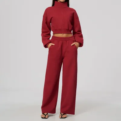 Women Fashion Casual Autumn Velvet Solid Color Stand Collar Zipper Long-Sleeve Coat Wide Leg Pants Sports Two-Piece Set