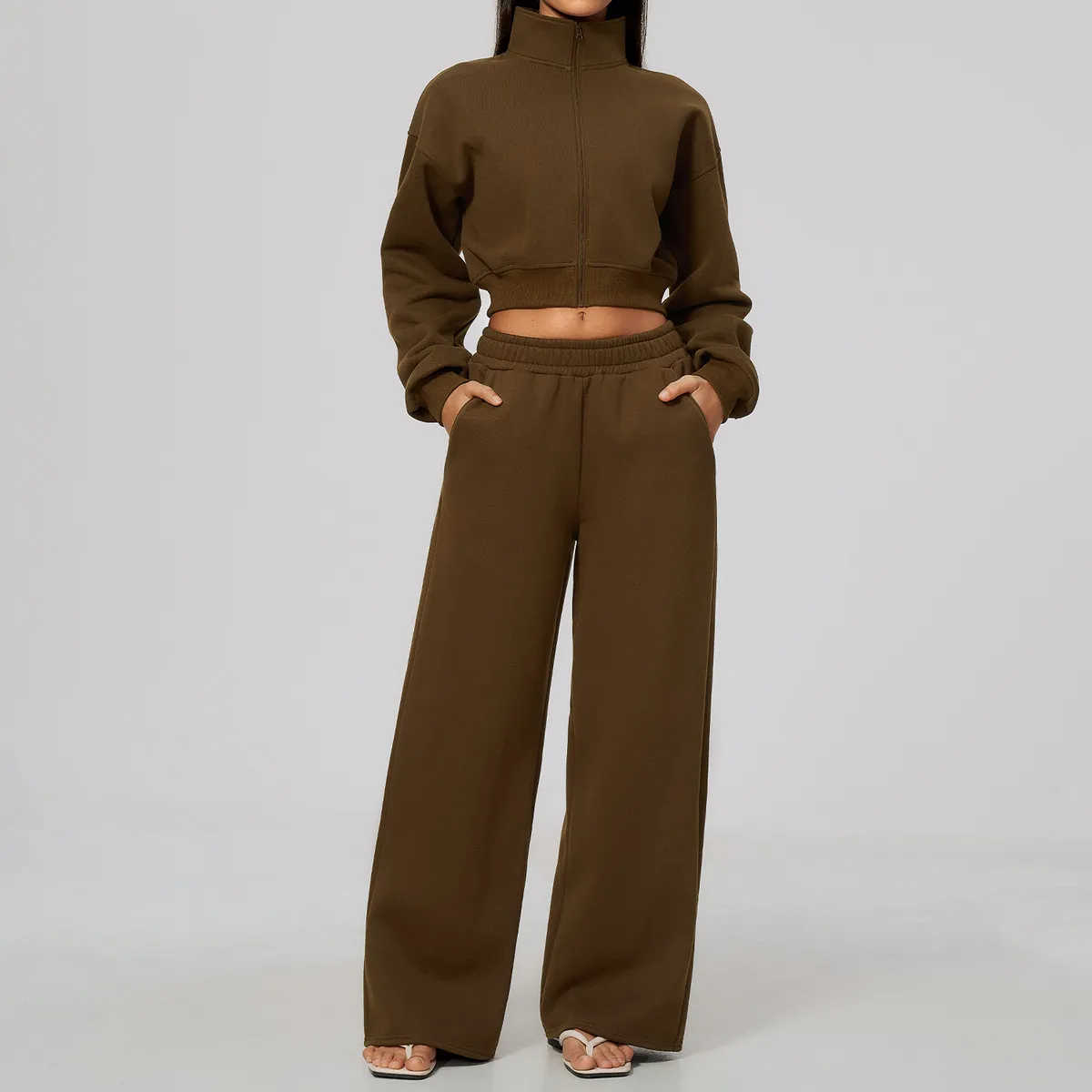 Women Fashion Casual Autumn Velvet Solid Color Stand Collar Zipper Long-Sleeve Coat Wide Leg Pants Sports Two-Piece Set