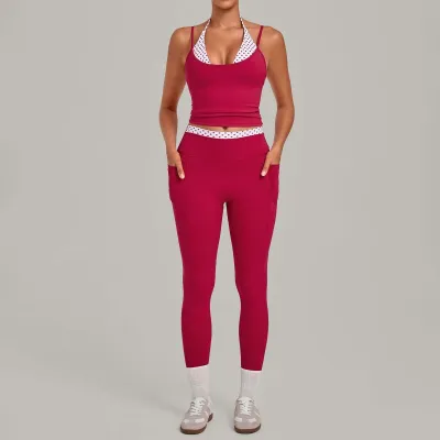 Women Fashion Printed Stitching Fake Two-Piece Halter-Neck Camisole Leggings Quick-Drying Yoga Sports Two-Piece Set