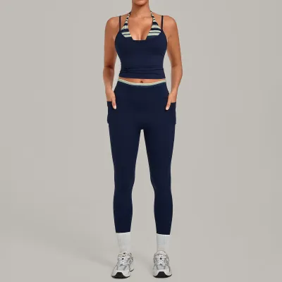 Women Fashion Printed Stitching Fake Two-Piece Halter-Neck Camisole Leggings Quick-Drying Yoga Sports Two-Piece Set