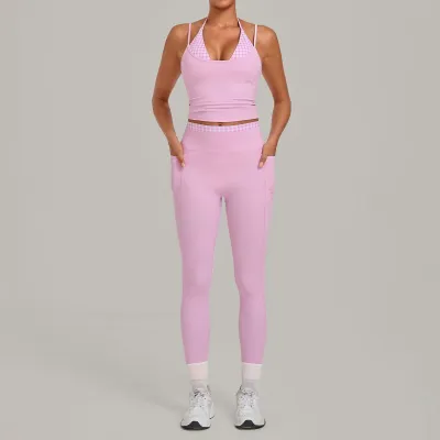 Women Fashion Printed Stitching Fake Two-Piece Halter-Neck Camisole Leggings Quick-Drying Yoga Sports Two-Piece Set