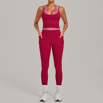 Women Fashion Printed Stitching Fake Two-Piece Halter-Neck Camisole Leggings Quick-Drying Yoga Sports Two-Piece Set