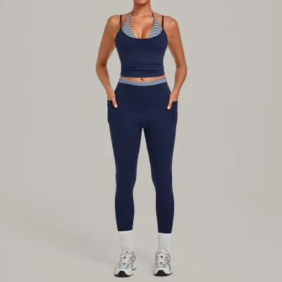Women Fashion Printed Stitching Fake Two-Piece Halter-Neck Camisole Leggings Quick-Drying Yoga Sports Two-Piece Set