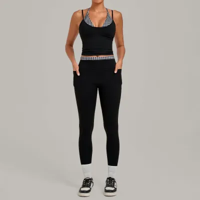 Women Fashion Printed Stitching Fake Two-Piece Halter-Neck Camisole Leggings Quick-Drying Yoga Sports Two-Piece Set