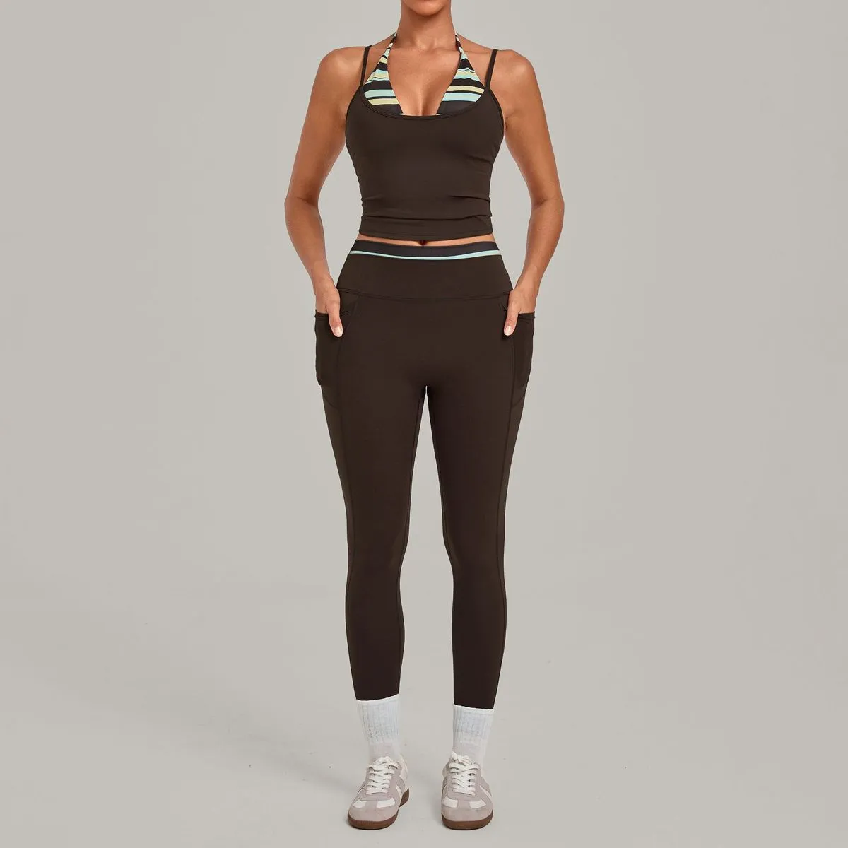 Women Fashion Printed Stitching Fake Two-Piece Halter-Neck Camisole Leggings Quick-Drying Yoga Sports Two-Piece Set