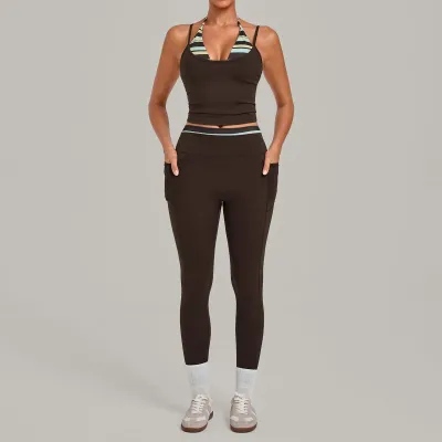 Women Fashion Printed Stitching Fake Two-Piece Halter-Neck Camisole Leggings Quick-Drying Yoga Sports Two-Piece Set