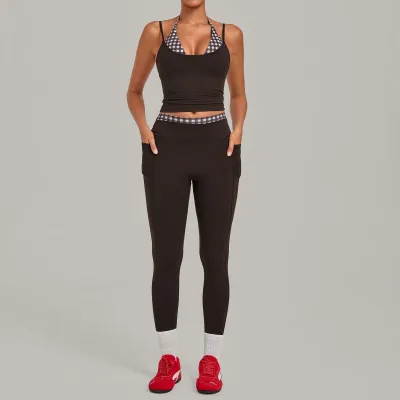 Women Fashion Printed Stitching Fake Two-Piece Halter-Neck Camisole Leggings Quick-Drying Yoga Sports Two-Piece Set