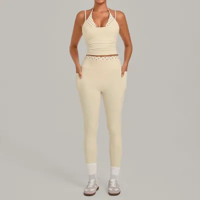 Women Fashion Printed Stitching Fake Two-Piece Halter-Neck Camisole Leggings Quick-Drying Yoga Sports Two-Piece Set