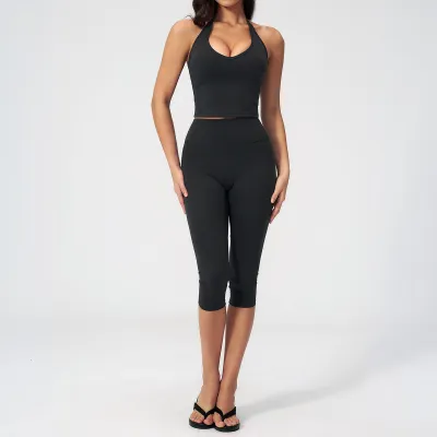 Women Fashion Casual Solid Color Halter-Neck Backless Tank Top Tight Pants Sports Two-Piece Set