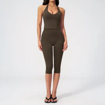 Women Fashion Casual Solid Color Halter-Neck Backless Tank Top Tight Pants Sports Two-Piece Set