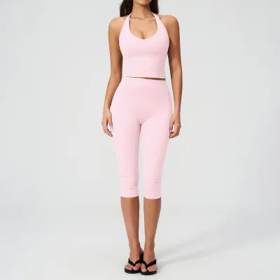 Women Fashion Casual Solid Color Halter-Neck Backless Tank Top Tight Pants Sports Two-Piece Set