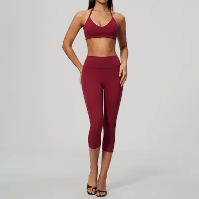 Women Fashion Casual Solid Color Quick-Drying Halter-Neck Bra Tight Pants Sports Two-Piece Set