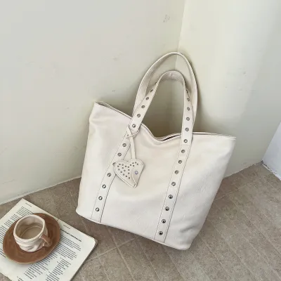 Women Fashion Casual Solid Color Rivet Large Capacity Tote Bag