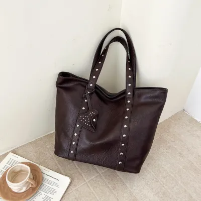 Women Fashion Casual Solid Color Rivet Large Capacity Tote Bag