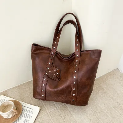 Women Fashion Casual Solid Color Rivet Large Capacity Tote Bag