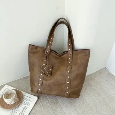 Women Fashion Casual Solid Color Rivet Large Capacity Tote Bag