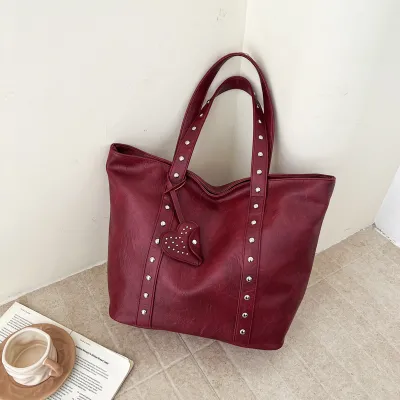 Women Fashion Casual Solid Color Rivet Large Capacity Tote Bag