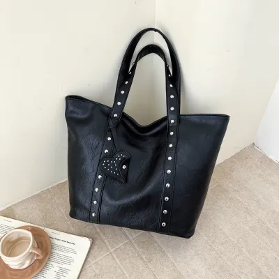 Women Fashion Casual Solid Color Rivet Large Capacity Tote Bag