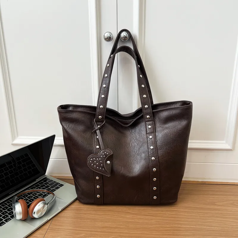 Women Fashion Casual Solid Color Rivet Large Capacity Tote Bag
