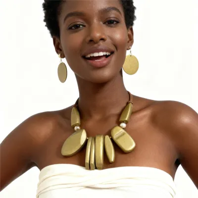 Women Fashion Exaggerated Large Geometric Wooden Shape Necklace Earrings Set