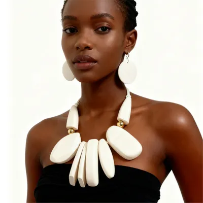 Women Fashion Exaggerated Large Geometric Wooden Shape Necklace Earrings Set