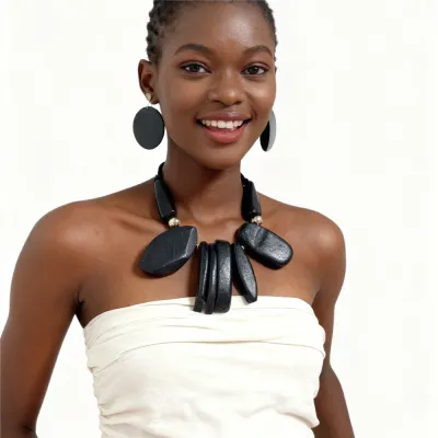 Women Fashion Exaggerated Large Geometric Wooden Shape Necklace Earrings Set